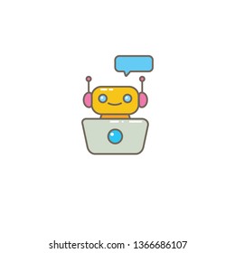 cute chatbot character with notebook or intelligent assistant with speech bubble isolated on white background. Vector Funny robot assistant, chatter bot, helper chatbot logo or label 