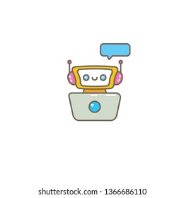 cute chatbot character with notebook or intelligent assistant with speech bubble isolated on white background. Vector Funny robot assistant, chatter bot, helper chatbot logo or label 