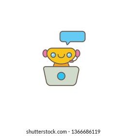 cute chatbot character with notebook or intelligent assistant with speech bubble isolated on white background. Vector Funny robot assistant, chatter bot, helper chatbot logo or label 