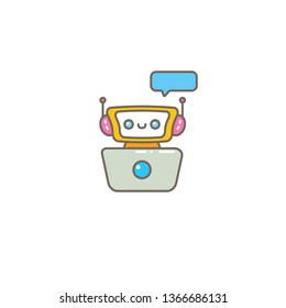 cute chatbot character with notebook or intelligent assistant with speech bubble isolated on white background. Vector Funny robot assistant, chatter bot, helper chatbot logo or label 