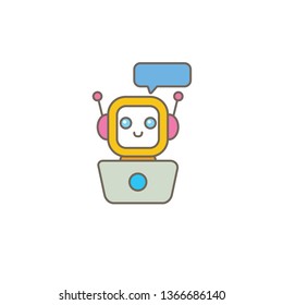 cute chatbot character with notebook or intelligent assistant with speech bubble isolated on white background. Vector Funny robot assistant, chatter bot, helper chatbot logo or label 