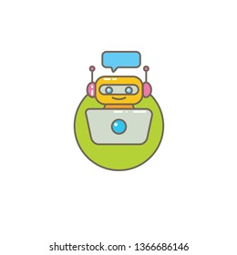cute chatbot character with notebook or intelligent assistant with speech bubble isolated on white background. Vector Funny robot assistant, chatter bot, helper chatbot logo or label 