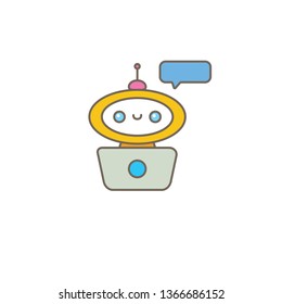 cute chatbot character with notebook or intelligent assistant with speech bubble isolated on white background. Vector Funny robot assistant, chatter bot, helper chatbot logo or label 