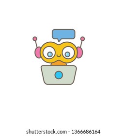 cute chatbot character with notebook or intelligent assistant with speech bubble isolated on white background. Vector Funny robot assistant, chatter bot, helper chatbot logo or label 