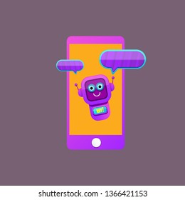 cute chatbot character or smart phone intelligent assistant isolated on grey background. Vector Funny robot assistant, chatter bot, helper chatbot logo or label