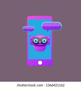 cute chatbot character or smart phone intelligent assistant isolated on grey background. Vector Funny robot assistant, chatter bot, helper chatbot logo or label
