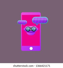 cute chatbot character or smart phone intelligent assistant isolated on grey background. Vector Funny robot assistant, chatter bot, helper chatbot logo or label