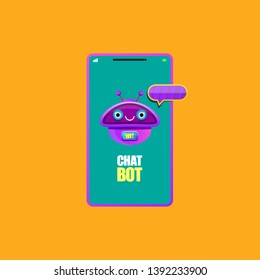 cute chatbot character or smart phone intelligent assistant isolated on orange background. Vector Funny robot assistant, chatter bot, helper chatbot logo or label 