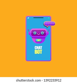 cute chatbot character or smart phone intelligent assistant isolated on orange background. Vector Funny robot assistant, chatter bot, helper chatbot logo or label 