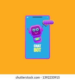 cute chatbot character or smart phone intelligent assistant isolated on orange background. Vector Funny robot assistant, chatter bot, helper chatbot logo or label 