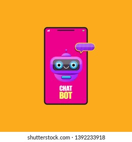 cute chatbot character or smart phone intelligent assistant isolated on orange background. Vector Funny robot assistant, chatter bot, helper chatbot logo or label 