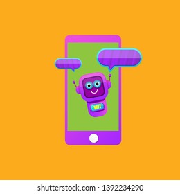 cute chatbot character or smart phone intelligent assistant isolated on orange background. Vector Funny robot assistant, chatter bot, helper chatbot logo or label 