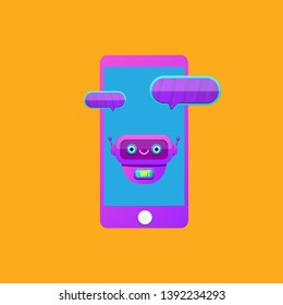 cute chatbot character or smart phone intelligent assistant isolated on orange background. Vector Funny robot assistant, chatter bot, helper chatbot logo or label 