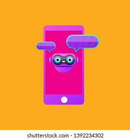 cute chatbot character or smart phone intelligent assistant isolated on orange background. Vector Funny robot assistant, chatter bot, helper chatbot logo or label 
