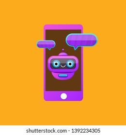 cute chatbot character or smart phone intelligent assistant isolated on orange background. Vector Funny robot assistant, chatter bot, helper chatbot logo or label 