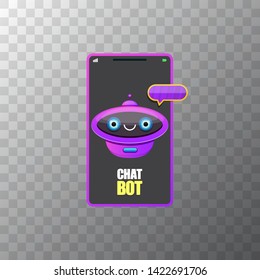 cute chatbot character or smart phone intelligent assistant isolated on transparent background. Vector Funny robot assistant, chatter bot, helper chatbot logo or label