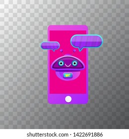 cute chatbot character or smart phone intelligent assistant isolated on transparent background. Vector Funny robot assistant, chatter bot, helper chatbot logo or label