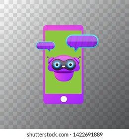 cute chatbot character or smart phone intelligent assistant isolated on transparent background. Vector Funny robot assistant, chatter bot, helper chatbot logo or label