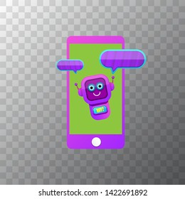 cute chatbot character or smart phone intelligent assistant isolated on transparent background. Vector Funny robot assistant, chatter bot, helper chatbot logo or label