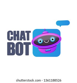 cute chatbot character with speech bubble isolated on white background. Vector Funny robot assistant, chatter bot, helper chatbot logo or label
