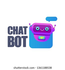 cute chatbot character with speech bubble isolated on white background. Vector Funny robot assistant, chatter bot, helper chatbot logo or label