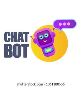 cute chatbot character with speech bubble isolated on white background. Vector Funny robot assistant, chatter bot, helper chatbot logo or label