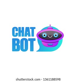 cute chatbot character with speech bubble isolated on white background. Vector Funny robot assistant, chatter bot, helper chatbot logo or label