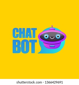 cute chatbot character with speech bubble isolated on orange background. Vector Funny robot assistant, chatter bot, helper chatbot logo or label