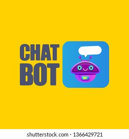 cute chatbot character with speech bubble isolated on orange background. Vector Funny robot assistant, chatter bot, helper chatbot logo or label