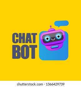 cute chatbot character with speech bubble isolated on orange background. Vector Funny robot assistant, chatter bot, helper chatbot logo or label