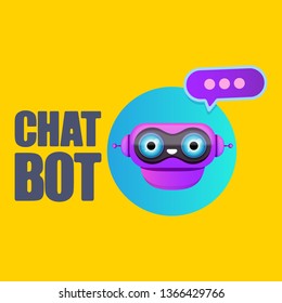 cute chatbot character with speech bubble isolated on orange background. Vector Funny robot assistant, chatter bot, helper chatbot logo or label