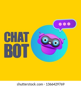 cute chatbot character with speech bubble isolated on orange background. Vector Funny robot assistant, chatter bot, helper chatbot logo or label