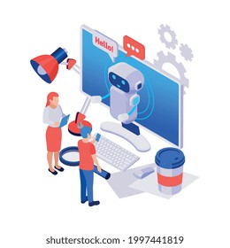 Cute chatbot greeting people isometric icon with computer and various objects 3d vector illustration