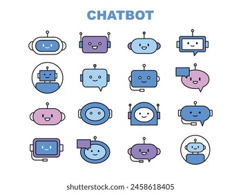 Lindo conjunto de iconos de chatbot. Cabeza de robot que proporciona servicio de asistencia Cliente. Estilo de contorno de Ilustración vectorial simple.