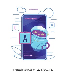 Cute chatbot in mobile phone holding letter A, flat vector illustration isolated on white background. Concepts of AI customer support and online education with bot.
