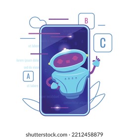 Cute chatbot on mobile phone screen, flat vector illustration isolated on white background. Cartoon character of modern artificial intelligence. Chatbot helping customers and users.