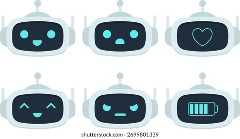 Cute Chatbot Robot Head Emoticon Set, Artificial Intelligence Emotion, Flat Vector