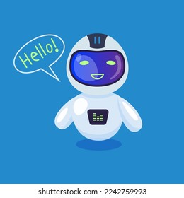 Robot o chatbot lindo diciendo hola dibujos animados. Un bot divertido. IA, inteligencia artificial, concepto de tecnología moderna