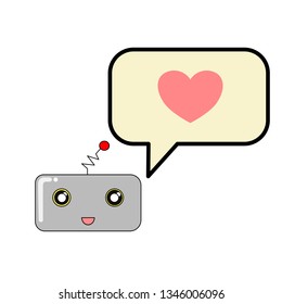 Cute chatbot with shiny eye and smiley face with textbox and pink heart, chatbot concept, technology concept, anime style