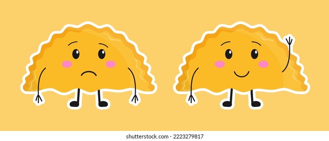 Cute cheburek stickers. Funny and sad dumplings. Vector illustration of meat dumplings