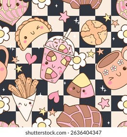 Cute checkered concha seamless pattern Mexican pan dulce Printable fabric Digital paper
