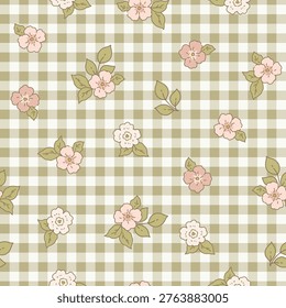 Cute checkered cottage core shabby chic plaid seamless pattern background with  flowers for textile, fabric, stationery