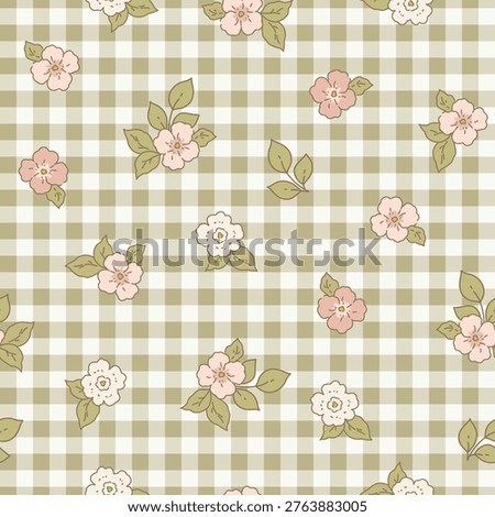 Cute checkered cottage core shabby chic plaid seamless pattern background with  flowers for textile, fabric, stationery