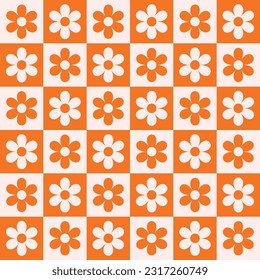 Flores retro blancas y naranjas a cuadros sin inconvenientes. Para tejidos, textiles, fondos y decoración doméstica 
