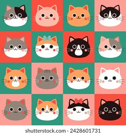 Cute checkered seamless pattern with cats' faces. Vector graphics.