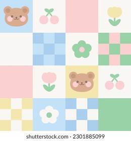 Cute checkered seamless pattern with funny characters. Pattern design, print, template. Vector illustration. 