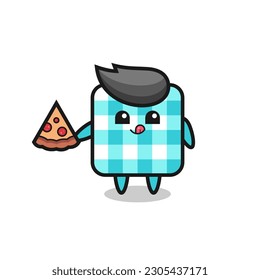 cute checkered tablecloth cartoon eating pizza , cute style design for t shirt, sticker, logo element