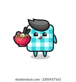 caracter de manteles de cuadros adorables comiendo fideos, diseño de estilo lindo para camisetas, pegatinas, elemento logo