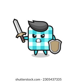 cute checkered tablecloth soldier fighting with sword and shield , cute style design for t shirt, sticker, logo element
