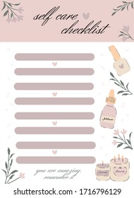 Lista de chequeos o planificador diario, papel de nota, para hacer lista con velas dibujadas a mano y productos de belleza y flores en el fondo. Ilustración vectorial con mensaje motivacional. Letras "Cuidados de salón"

